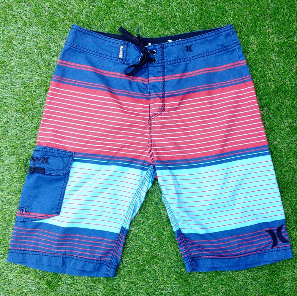 Good Used Condition Men's HURLEY Blue, Red, & Green Striped Board Shorts size 30